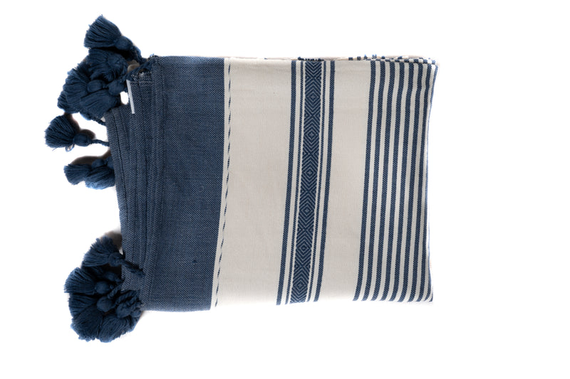 PomPom Cotton Throw - Blue Stripes